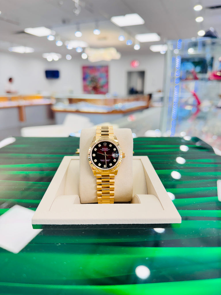 Rolex Datejust 31 278278 Yellow Gold Red Ombre Diamond Dial Fluted Bezel President Unworn Box and Papers