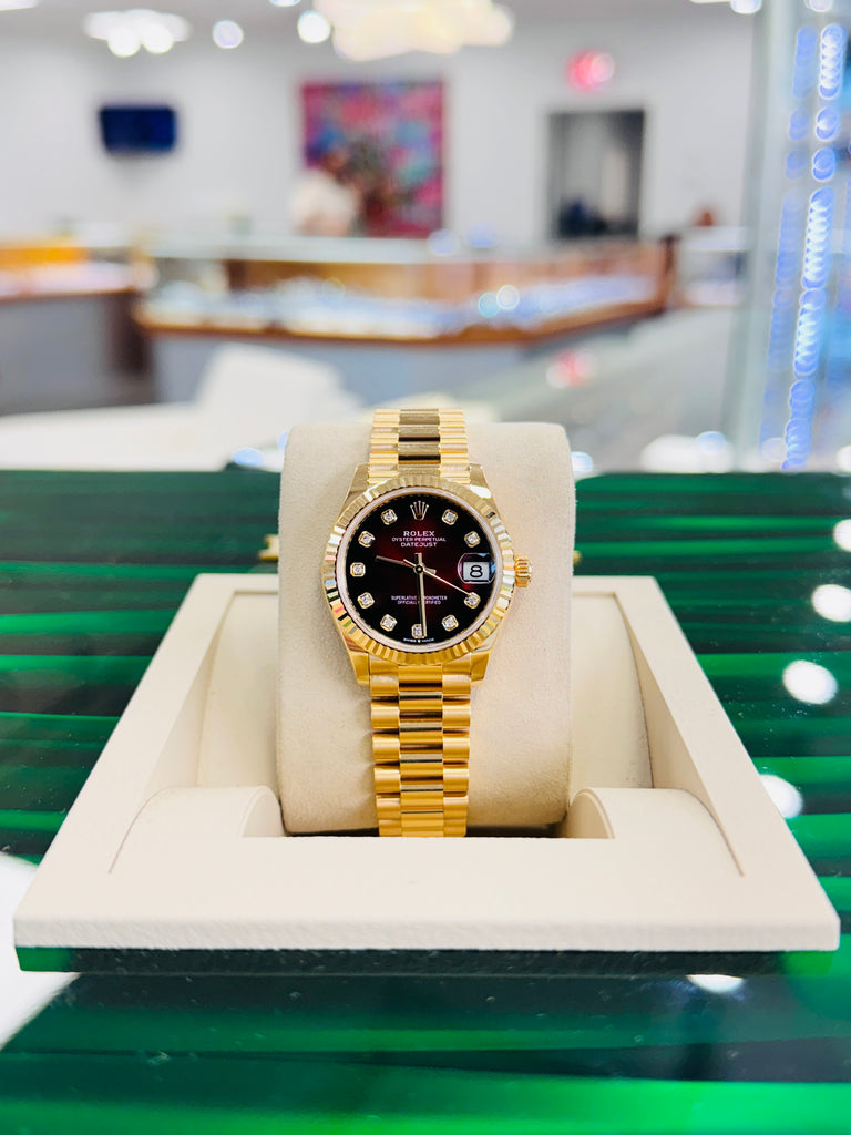 Rolex Datejust 31 278278 Yellow Gold Red Ombre Diamond Dial Fluted Bezel President Unworn Box and Papers