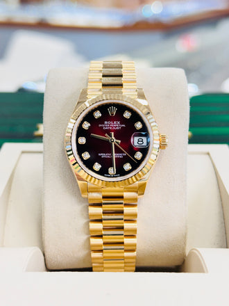Rolex Datejust 31 278278 Yellow Gold Red Ombre Diamond Dial Fluted Bezel President Unworn Box and Papers - Diamonds East Intl.