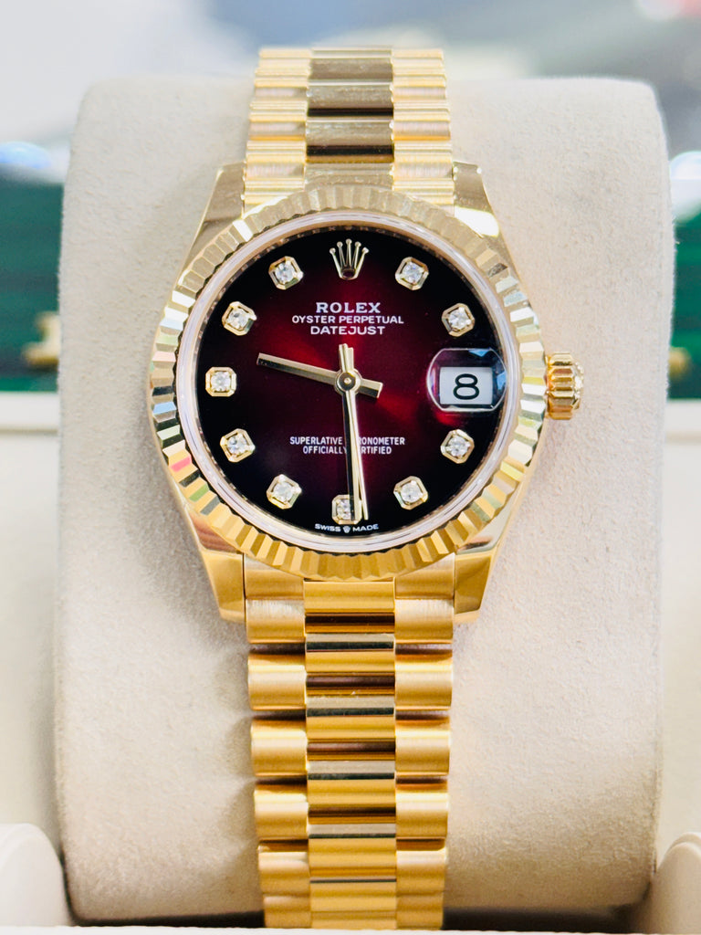 Rolex Datejust 31 278278 Yellow Gold Red Ombre Diamond Dial Fluted Bezel President Unworn Box and Papers