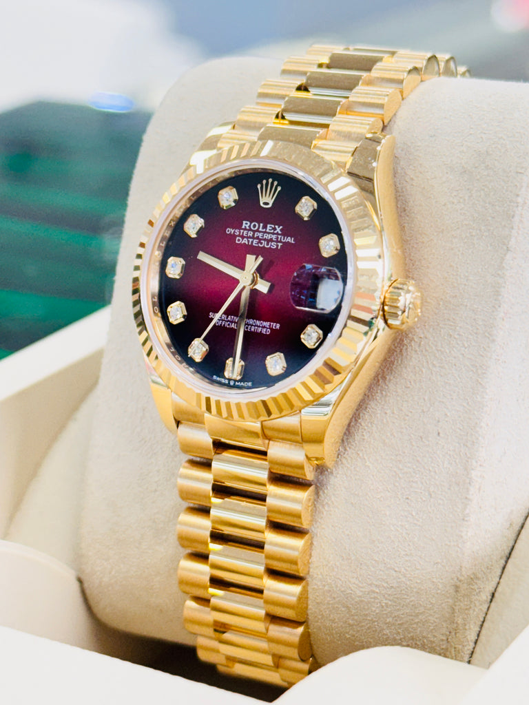 Rolex Datejust 31 278278 Yellow Gold Red Ombre Diamond Dial Fluted Bezel President Unworn Box and Papers