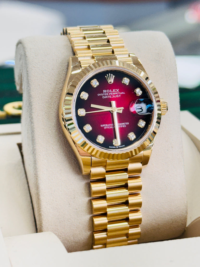 Rolex Datejust 31 278278 Yellow Gold Red Ombre Diamond Dial Fluted Bezel President Unworn Box and Papers