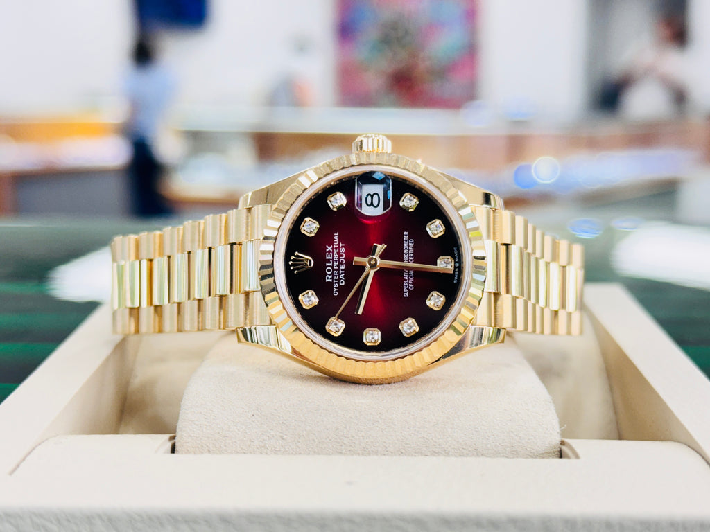 Rolex Datejust 31 278278 Yellow Gold Red Ombre Diamond Dial Fluted Bezel President Unworn Box and Papers