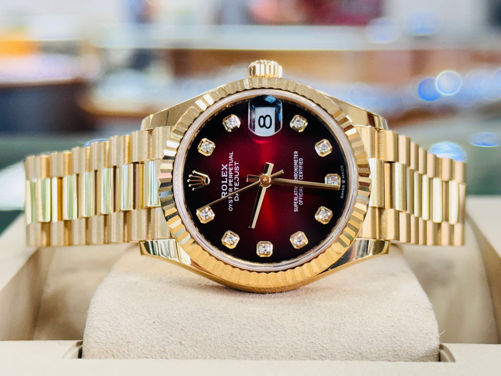 Rolex Datejust 31 278278 Yellow Gold Red Ombre Diamond Dial Fluted Bezel President Unworn Box and Papers