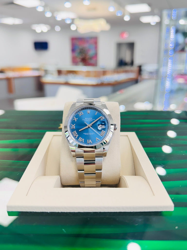 Rolex Datejust 41 126300 Blue Azzurro Roman Dial Stainless Steel Smooth Bezel  Oyster Bracelet Unworn - Diamonds East Intl.