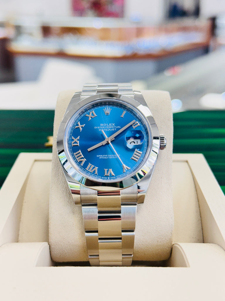 Rolex Datejust 41 126300 Blue Azzurro Roman Dial Stainless Steel Smooth Bezel  Oyster Bracelet Unworn - Diamonds East Intl.
