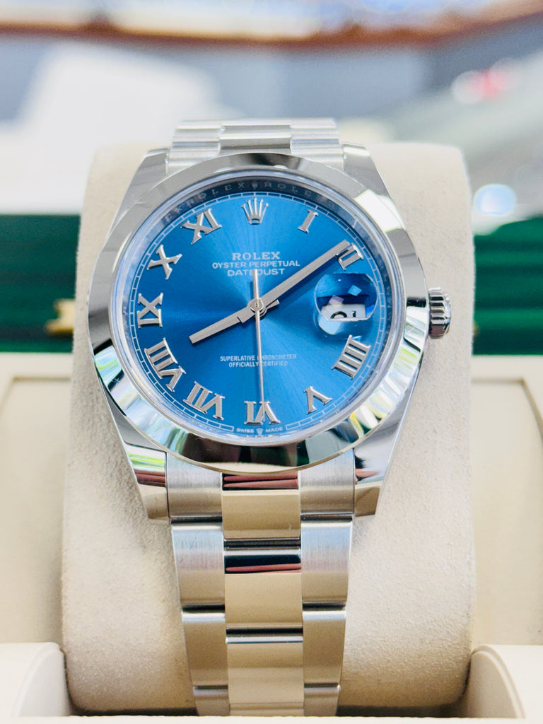 Rolex Datejust 41 126300 Blue Azzurro Roman Dial Stainless Steel Smooth Bezel  Oyster Bracelet Unworn - Diamonds East Intl.