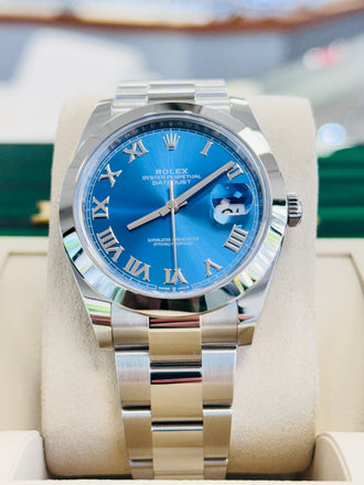 Rolex Datejust 41 126300 Blue Azzurro Roman Dial Stainless Steel Smooth Bezel  Oyster Bracelet Unworn - Diamonds East Intl.