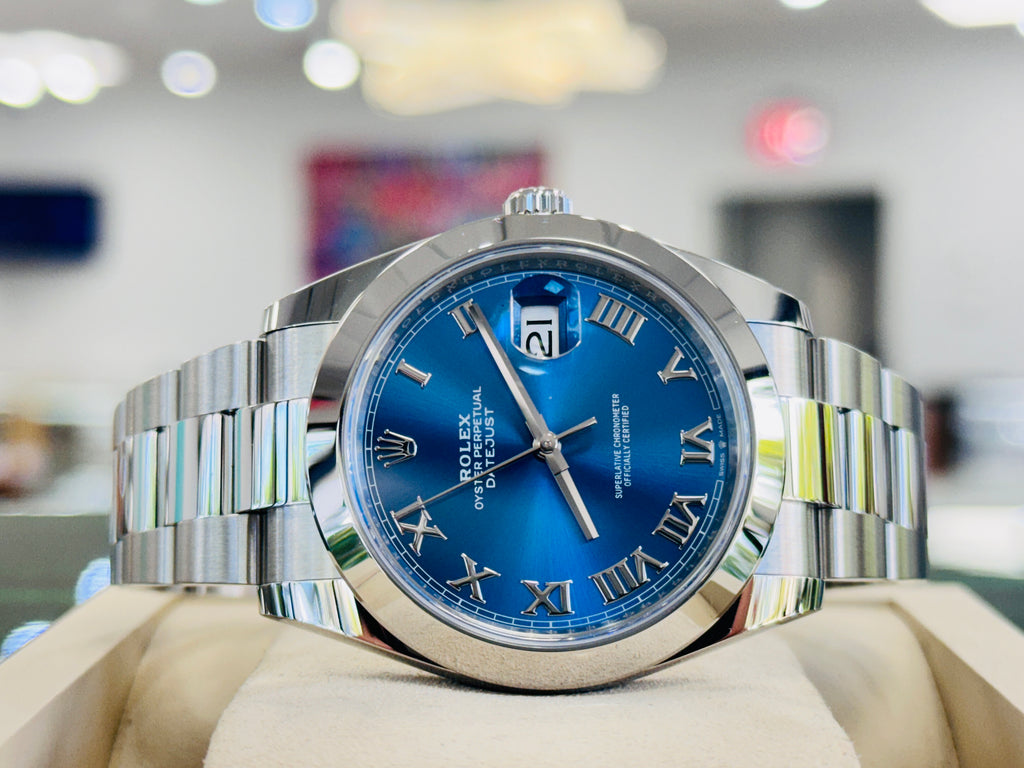 Rolex Datejust 41 126300 Blue Azzurro Roman Dial Stainless Steel Smooth Bezel  Oyster Bracelet Unworn - Diamonds East Intl.