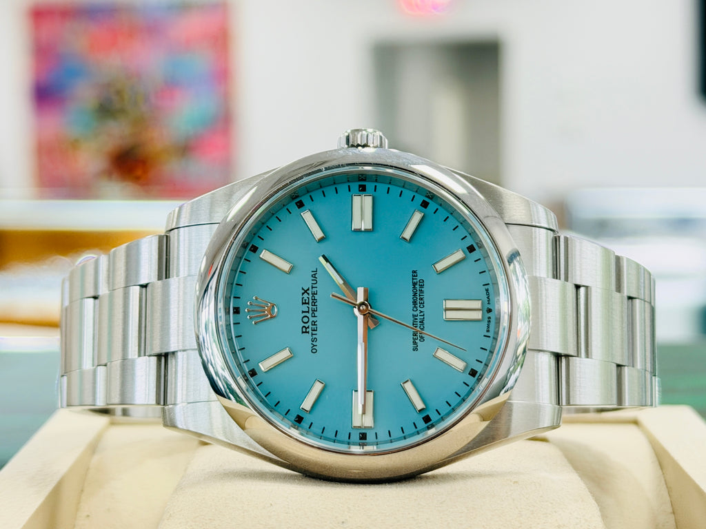 Rolex Oyster Perpetual 41 124300 Custom Made Turquoise Tiffany Dial Box And Papers MINT