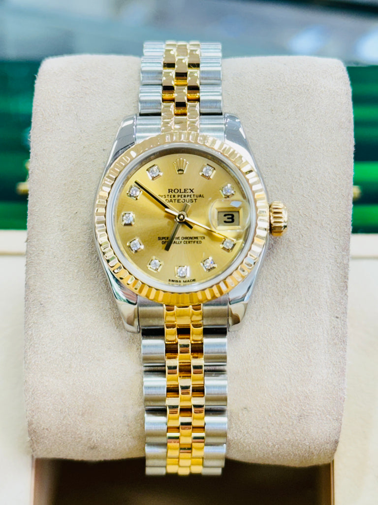 Rolex Datejust 179173 26 18K Yellow Gold & Stainless Steel Factory Diamond Champagne PreOwned Box and Papers - Diamonds East Intl.