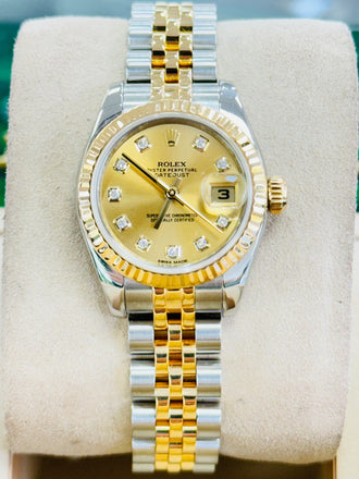 Rolex Datejust 179173 26 18K Yellow Gold & Stainless Steel Factory Diamond Champagne PreOwned Box and Papers - Diamonds East Intl.