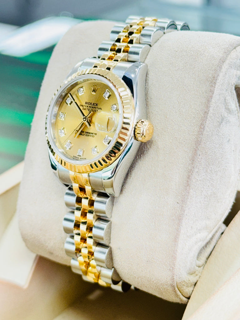 Rolex Datejust 179173 26 18K Yellow Gold & Stainless Steel Factory Diamond Champagne PreOwned Box and Papers - Diamonds East Intl.