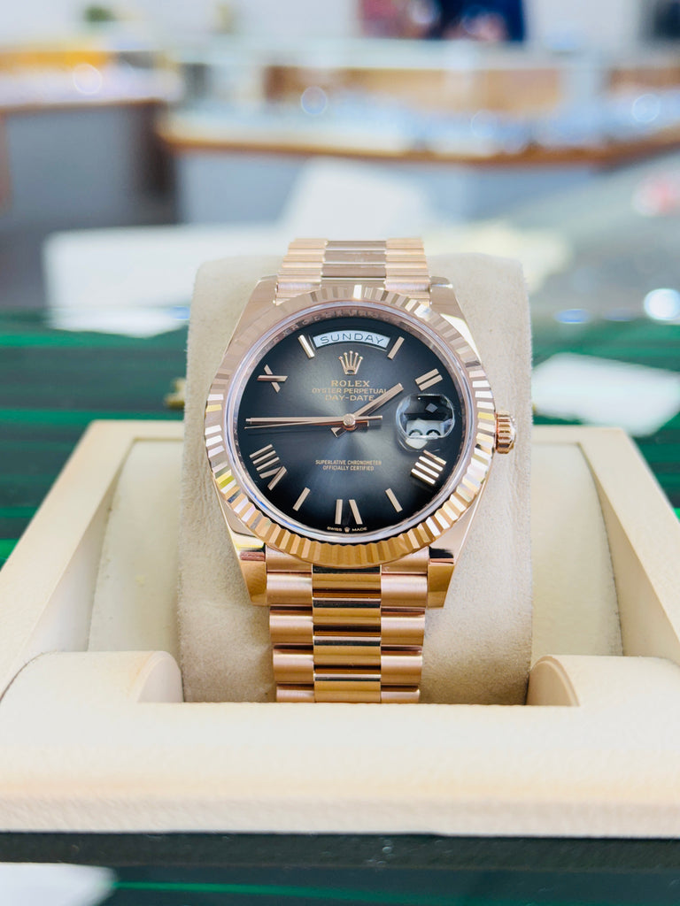 Rolex Day-Date 40 228235 18K Rose Gold President Slate Ombre Roman Dial Box and Papers Unworn
