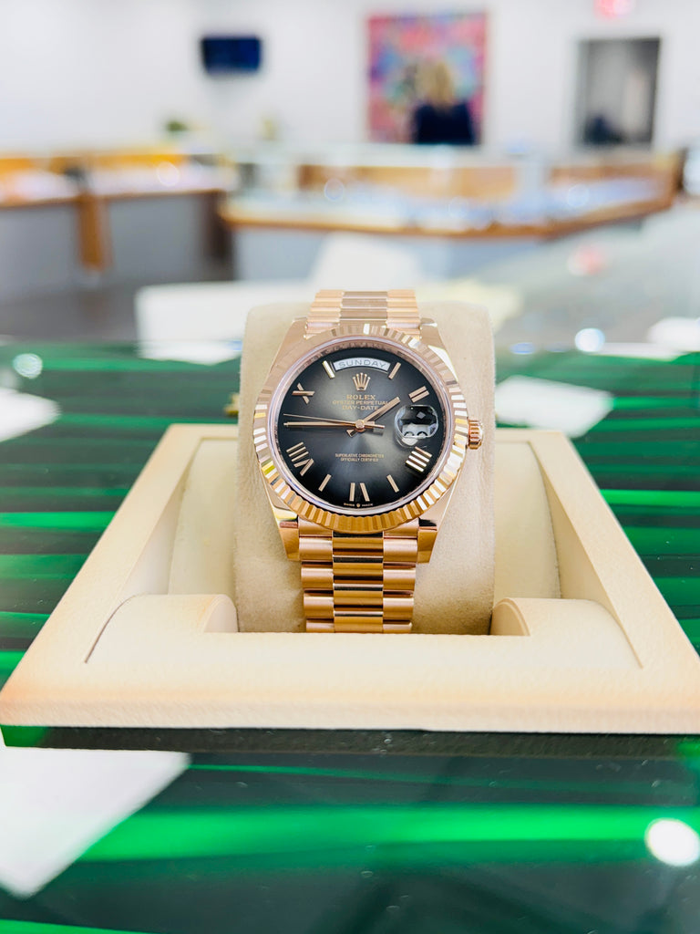 Rolex Day-Date 40 228235 18K Rose Gold President Slate Ombre Roman Dial Box and Papers Unworn