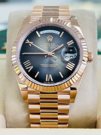 Rolex Day-Date 40 228235 18K Rose Gold President Slate Ombre Roman Dial Box and Papers Unworn