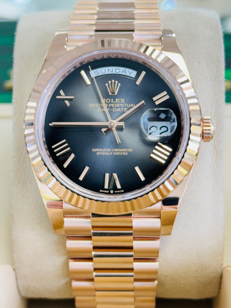 Rolex Day-Date 40 228235 18K Rose Gold President Slate Ombre Roman Dial Box and Papers Unworn
