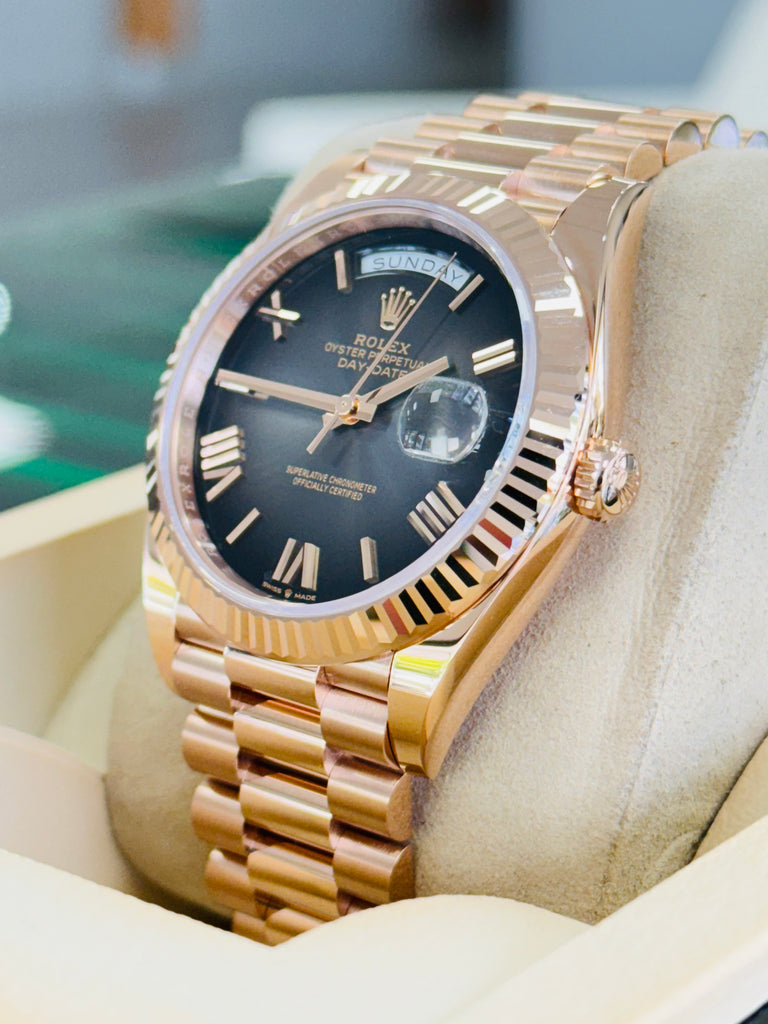 Rolex Day-Date 40 228235 18K Rose Gold President Slate Ombre Roman Dial Box and Papers Unworn