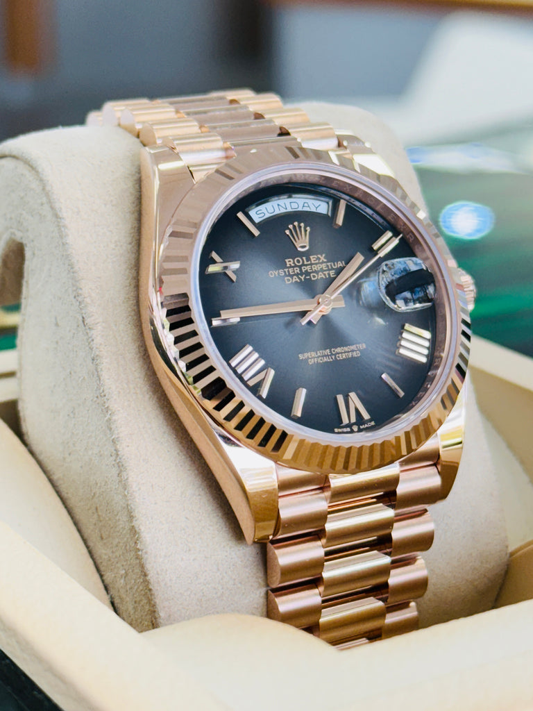 Rolex Day-Date 40 228235 18K Rose Gold President Slate Ombre Roman Dial Box and Papers Unworn