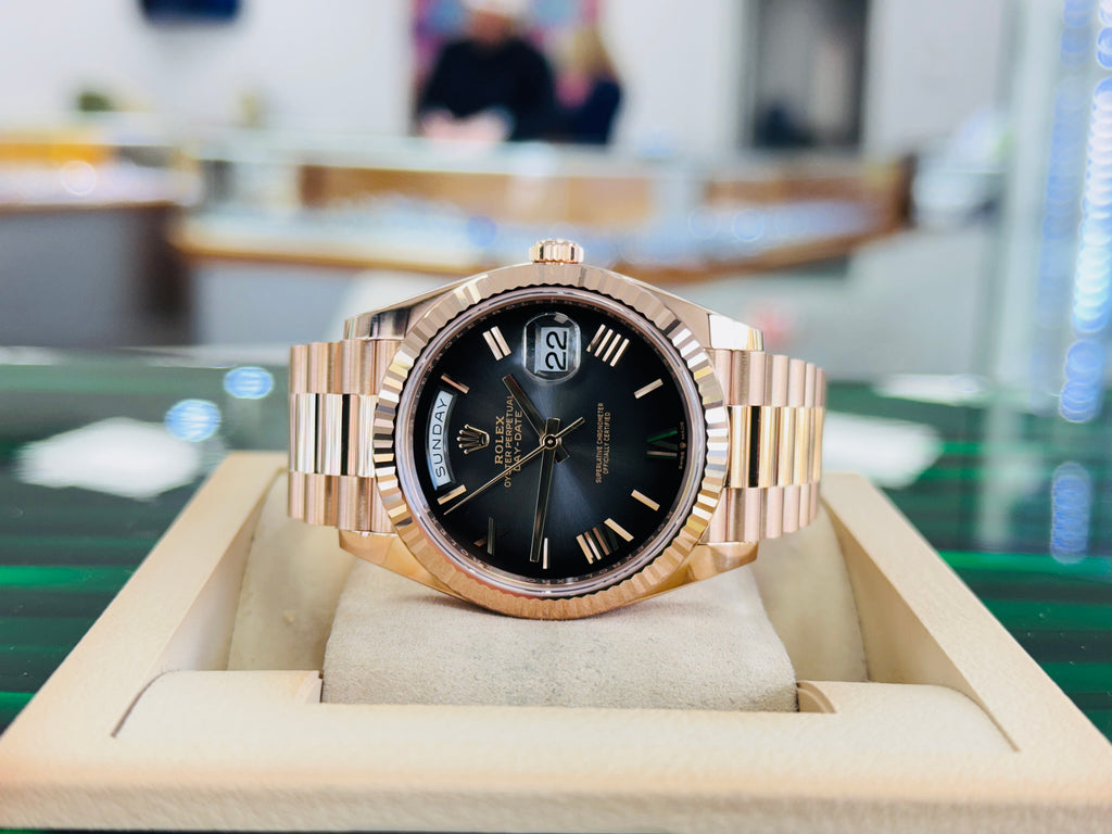 Rolex Day-Date 40 228235 18K Rose Gold President Slate Ombre Roman Dial Box and Papers Unworn