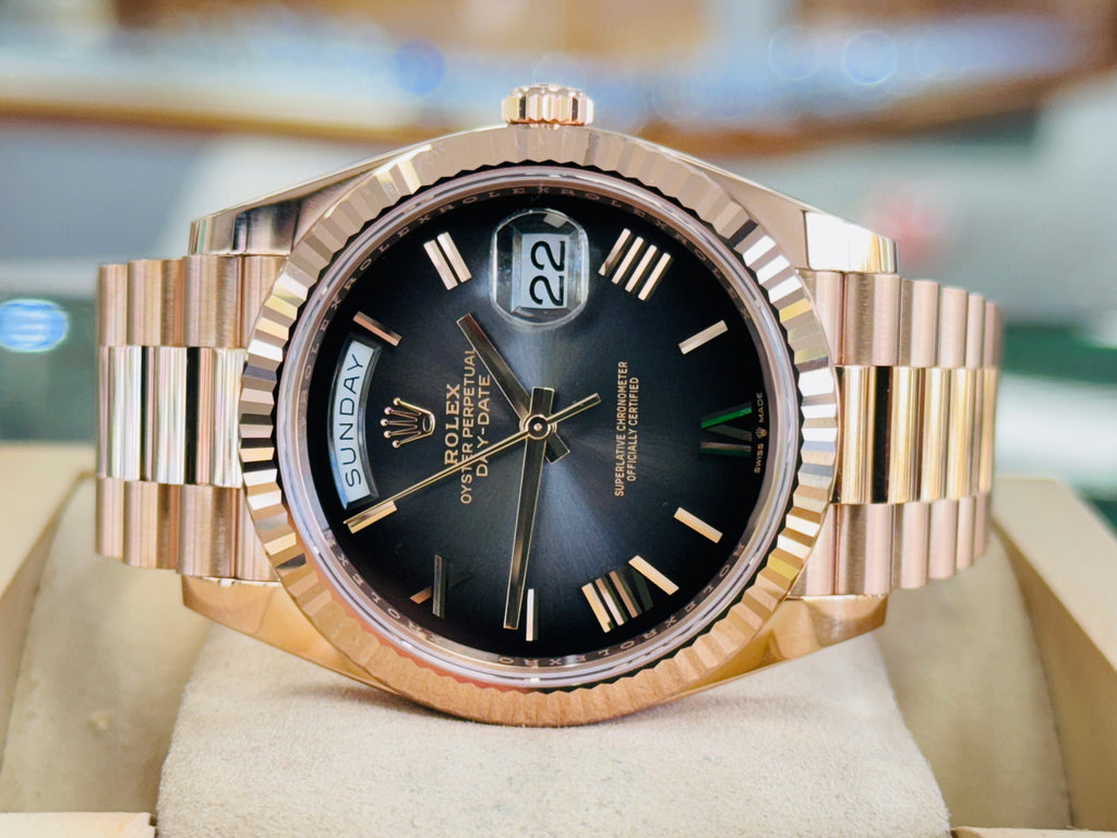 Rolex Day-Date 40 228235 18K Rose Gold President Slate Ombre Roman Dial Box and Papers Unworn