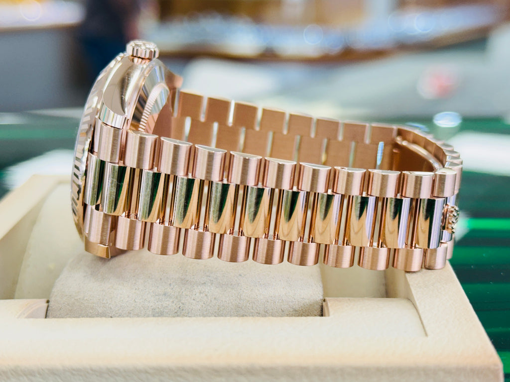 Rolex Day-Date 40 228235 18K Rose Gold President Slate Ombre Roman Dial Box and Papers Unworn - Diamonds East Intl.