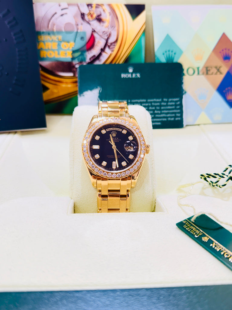 Rolex Day-Date Masterpiece 39 18948 Factory Black Diamond Dial & Factory Diamond Bezel  PreOwned Box and Papers - Diamonds East Intl.