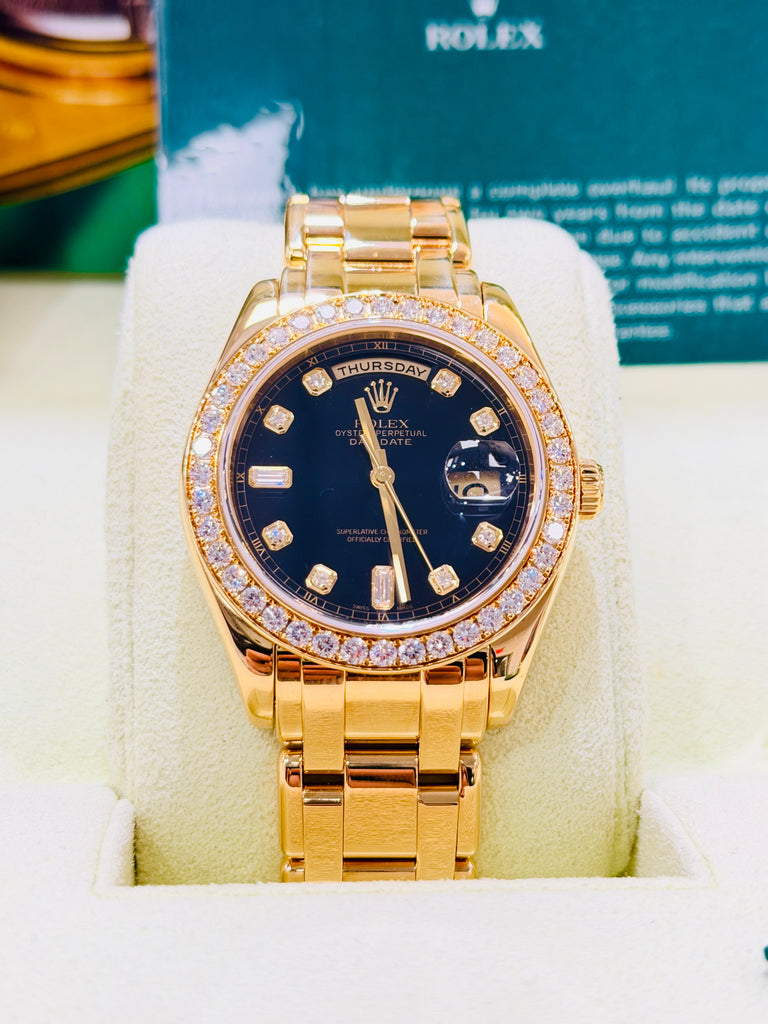 Rolex Day-Date Masterpiece 39 18948 Factory Black Diamond Dial & Factory Diamond Bezel  PreOwned Box and Papers - Diamonds East Intl.