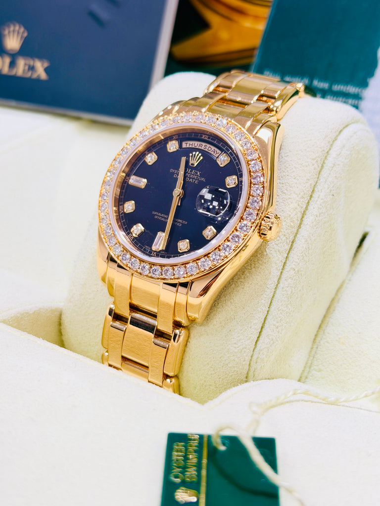 Rolex Day-Date Masterpiece 39 18948 Factory Black Diamond Dial & Factory Diamond Bezel  PreOwned Box and Papers - Diamonds East Intl.