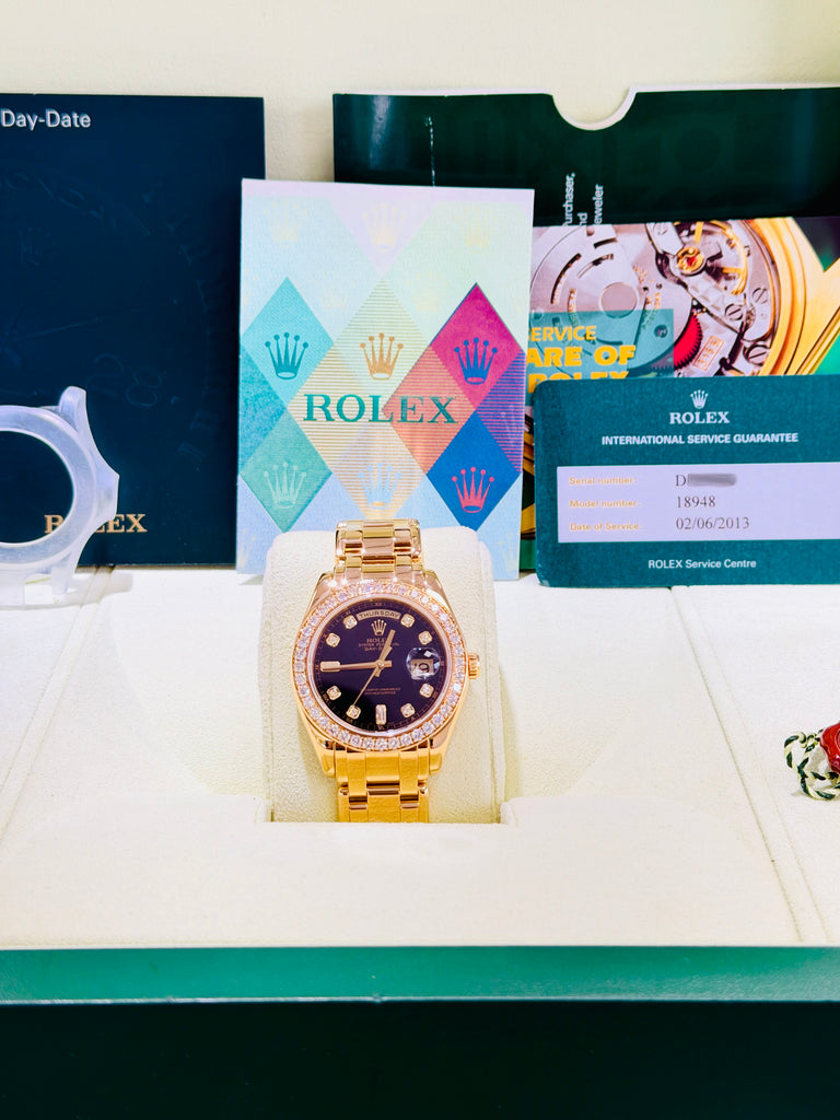 Rolex Day-Date Masterpiece 39 18948 Factory Black Diamond Dial & Factory Diamond Bezel  PreOwned Box and Papers - Diamonds East Intl.