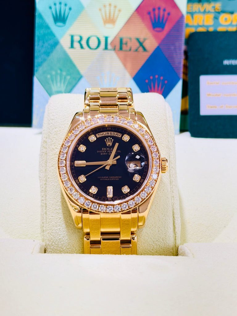 Rolex Day-Date Masterpiece 39 18948 Factory Black Diamond Dial & Factory Diamond Bezel  PreOwned Box and Papers - Diamonds East Intl.