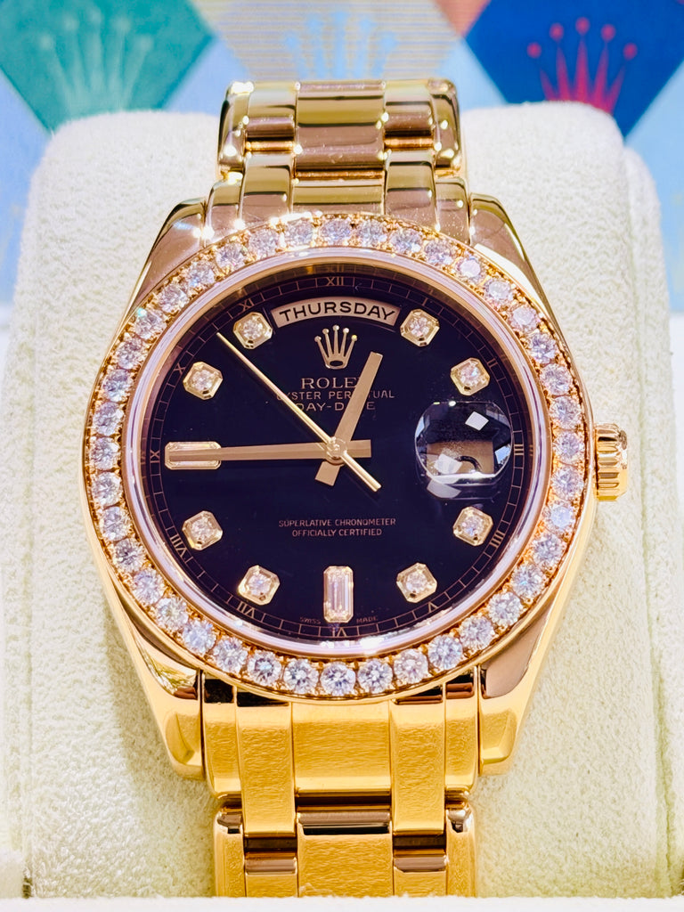 Rolex Day-Date Masterpiece 39 18948 Factory Black Diamond Dial & Factory Diamond Bezel  PreOwned Box and Papers - Diamonds East Intl.