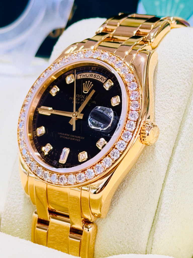 Rolex Day-Date Masterpiece 39 18948 Factory Black Diamond Dial & Factory Diamond Bezel  PreOwned Box and Papers - Diamonds East Intl.