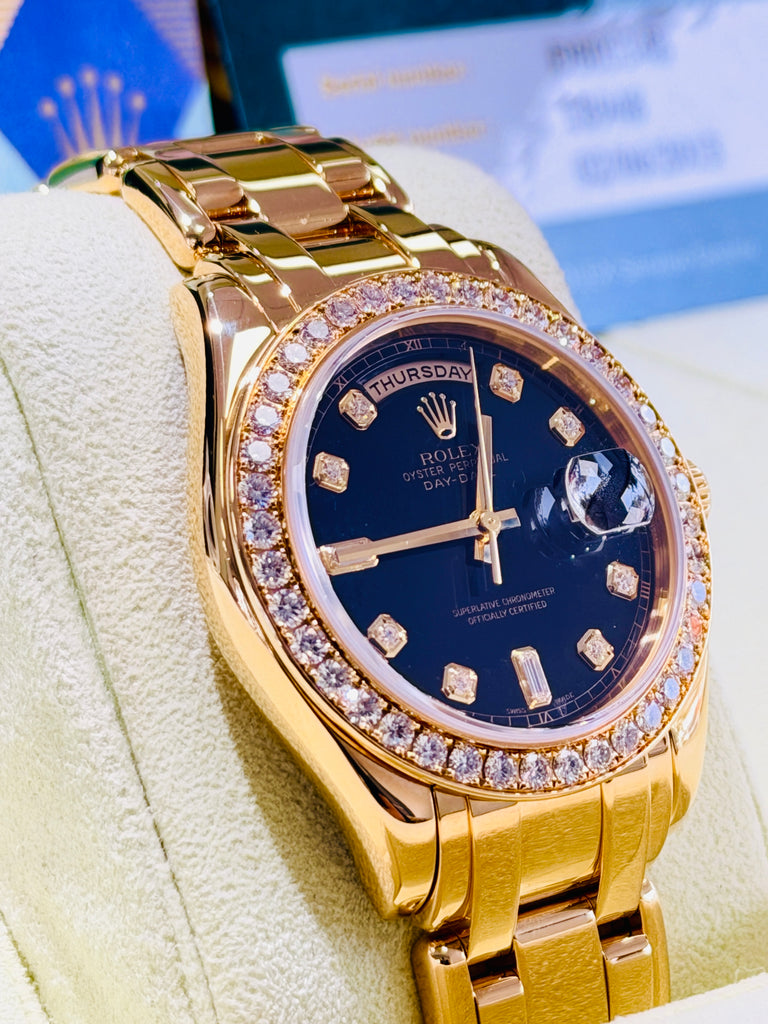 Rolex Day-Date Masterpiece 39 18948 Factory Black Diamond Dial & Factory Diamond Bezel  PreOwned Box and Papers - Diamonds East Intl.