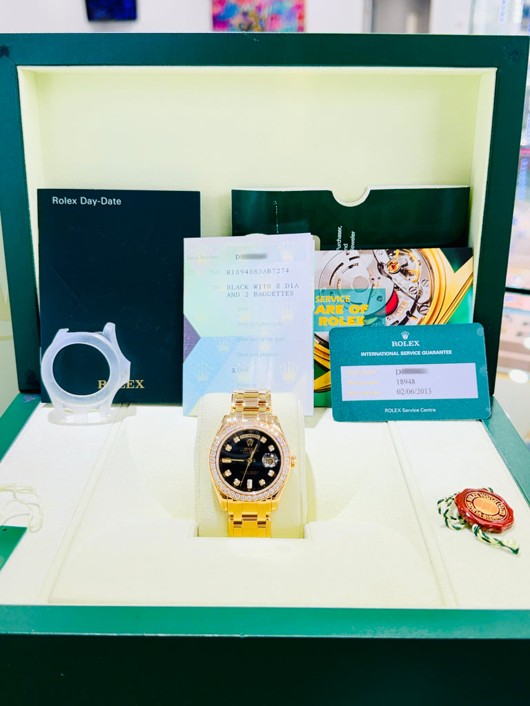 Rolex Day-Date Masterpiece 39 18948 Factory Black Diamond Dial & Factory Diamond Bezel  PreOwned Box and Papers - Diamonds East Intl.
