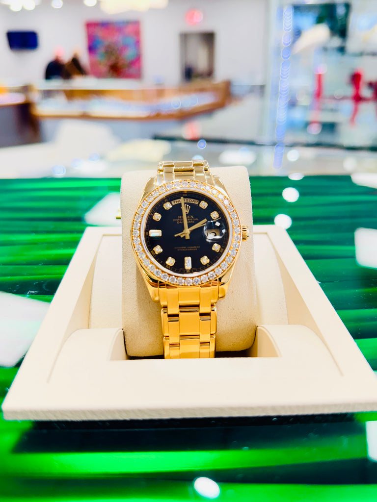 Rolex Day-Date Masterpiece 39 18948 Factory Black Diamond Dial & Factory Diamond Bezel  PreOwned Box and Papers - Diamonds East Intl.