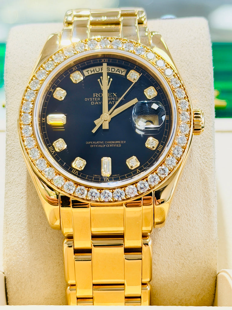 Rolex Day-Date Masterpiece 39 18948 Factory Black Diamond Dial & Factory Diamond Bezel  PreOwned Box and Papers - Diamonds East Intl.