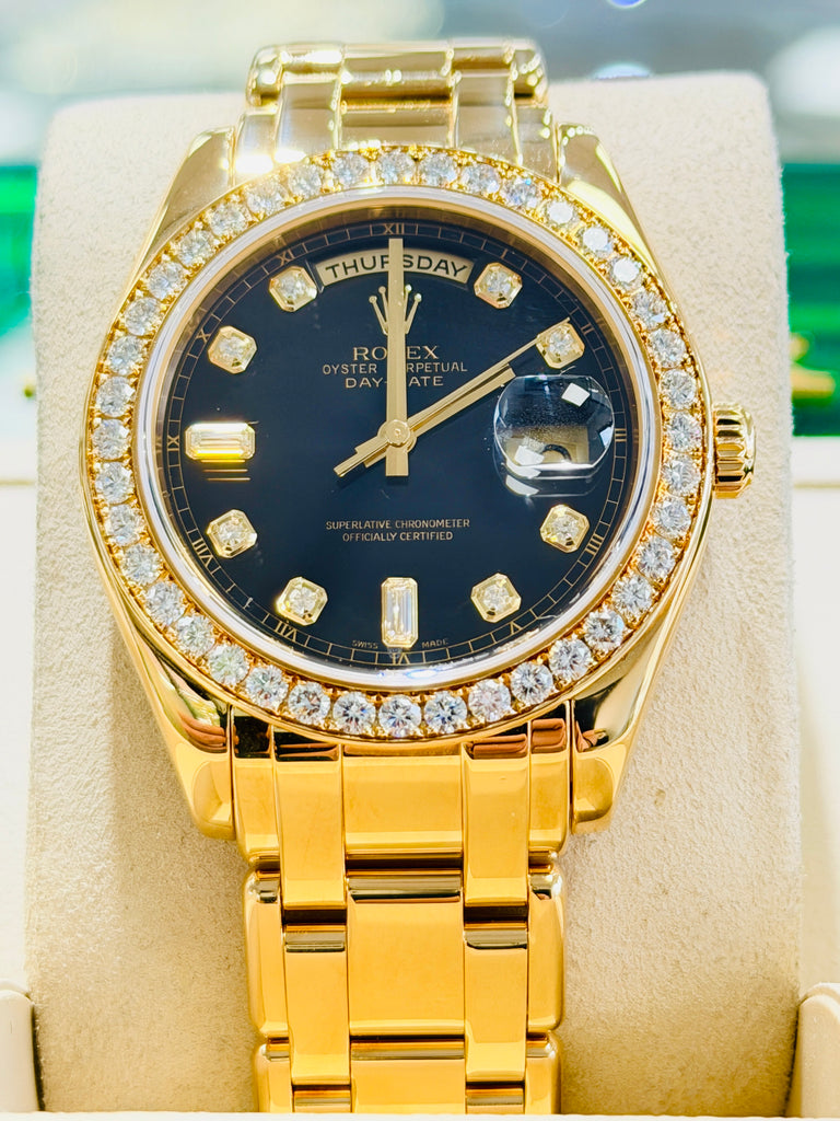Rolex Day-Date Masterpiece 39 18948 Factory Black Diamond Dial & Factory Diamond Bezel  PreOwned Box and Papers - Diamonds East Intl.