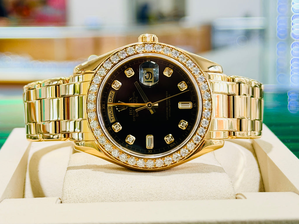 Rolex Day-Date Masterpiece 39 18948 Factory Black Diamond Dial & Factory Diamond Bezel  PreOwned Box and Papers - Diamonds East Intl.