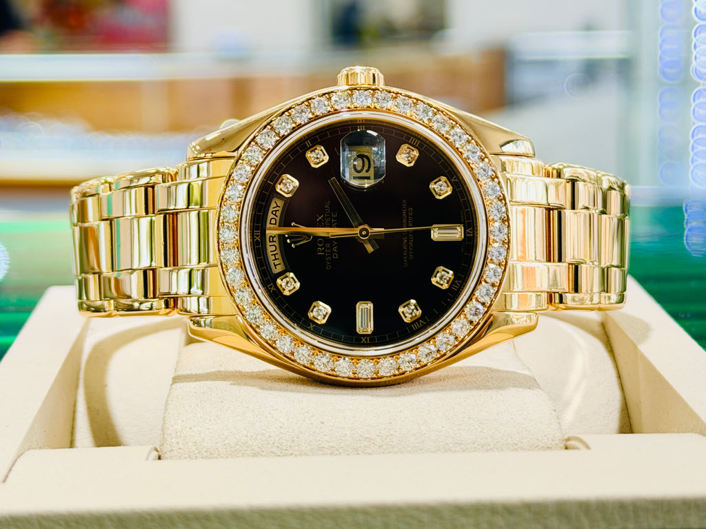 Rolex Day-Date Masterpiece 39 18948 Factory Black Diamond Dial & Factory Diamond Bezel  PreOwned Box and Papers - Diamonds East Intl.