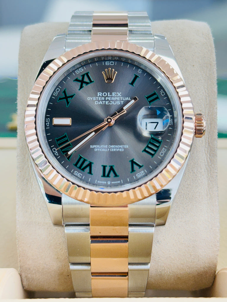 Rolex Datejust 41 126331 Wimbledon Gray Roman Dial 18K Rose Gold Stainless Steel Oyster Bracelet Box and Papers MINT