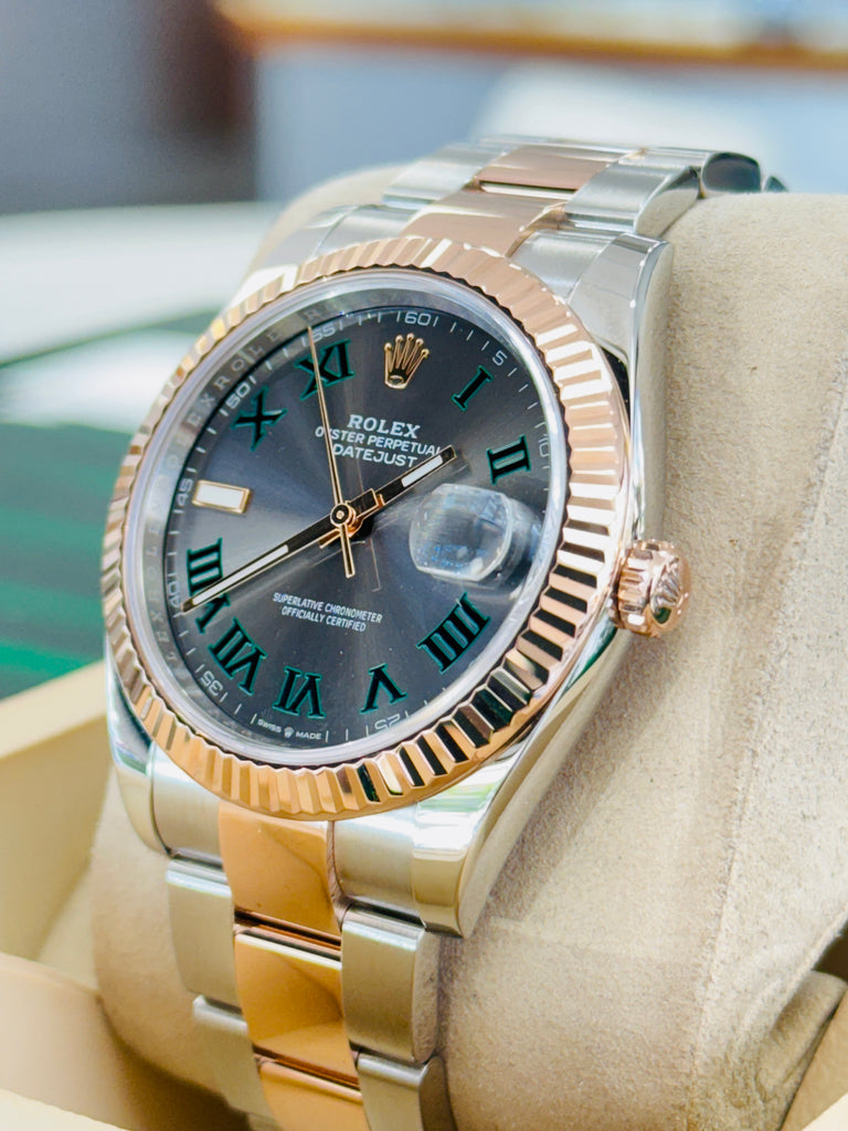 Rolex Datejust 41 126331 Wimbledon Gray Roman Dial 18K Rose Gold Stainless Steel Oyster Bracelet Box and Papers MINT