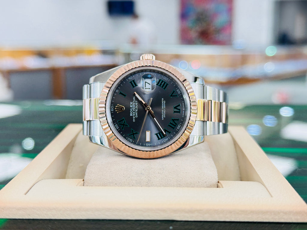 Rolex Datejust 41 126331 Wimbledon Gray Roman Dial 18K Rose Gold Stainless Steel Oyster Bracelet Box and Papers MINT