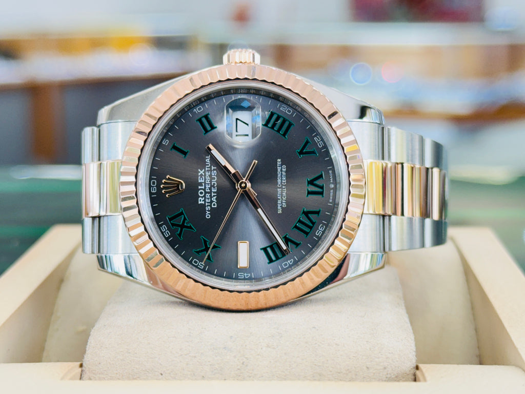 Rolex Datejust 41 126331 Wimbledon Gray Roman Dial 18K Rose Gold Stainless Steel Oyster Bracelet Box and Papers MINT