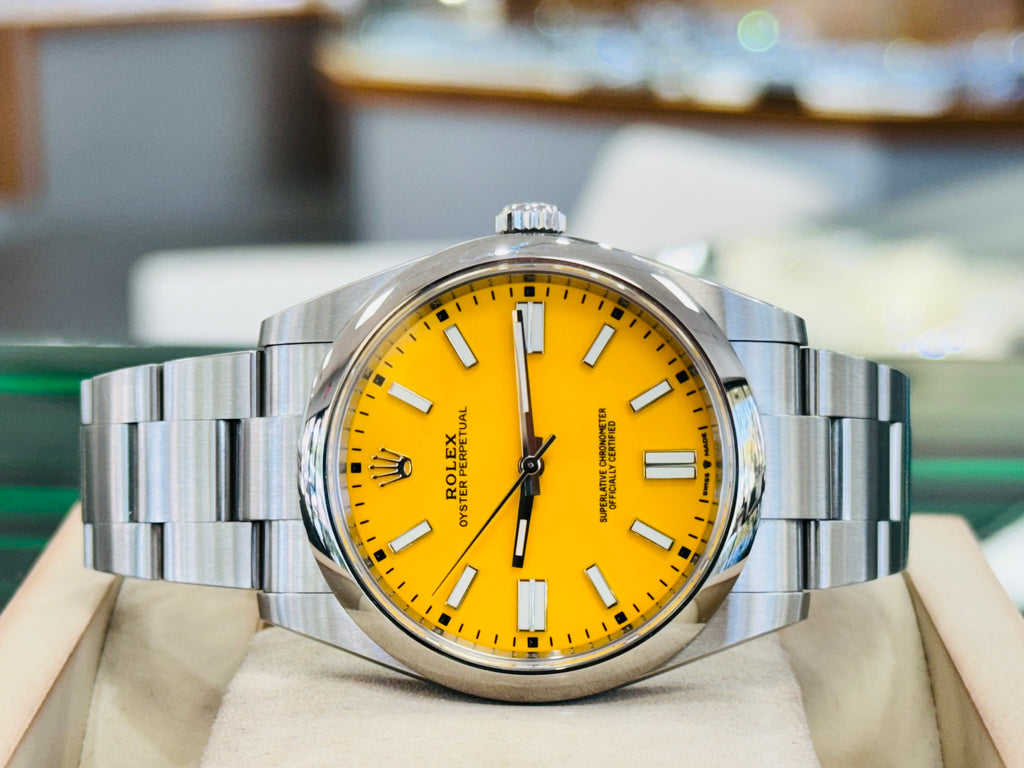 Rolex Oyster Perpetual 124300 41 Custom Yellow Dial PreOwned Box and Papers - Diamonds East Intl.