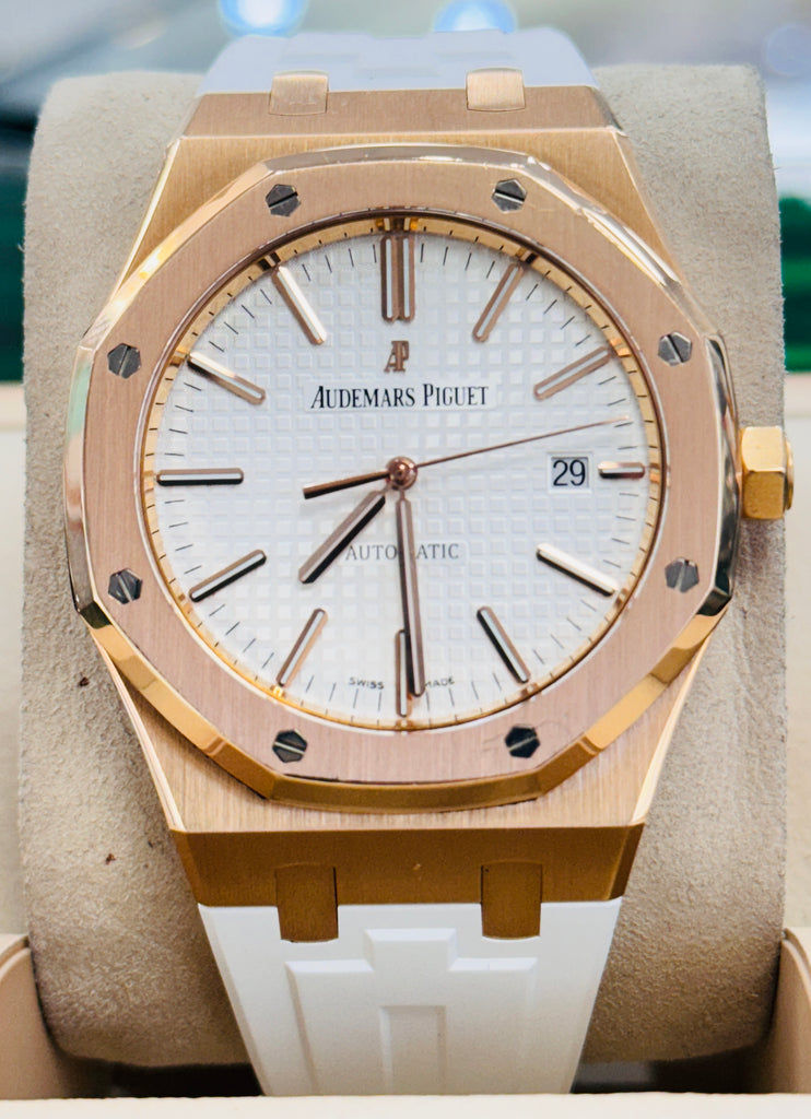 Audemars Piguet Royal Oak 15400OR 41mm Rose Gold WHITE  Dial Rubber B Strap  Box and Papers MINT