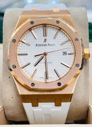 Audemars Piguet Royal Oak 15400OR 41mm Rose Gold WHITE  Dial Rubber B Strap  Box and Papers MINT - Diamonds East Intl.