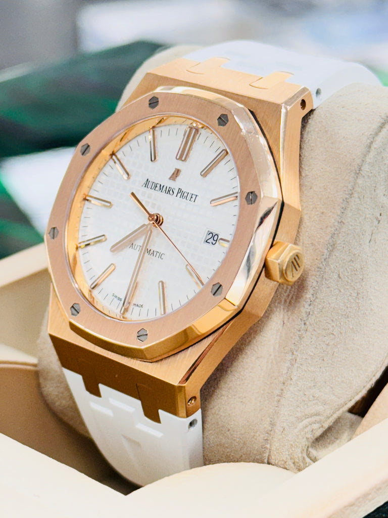 Audemars Piguet Royal Oak 15400OR 41mm Rose Gold WHITE  Dial Rubber B Strap  Box and Papers MINT