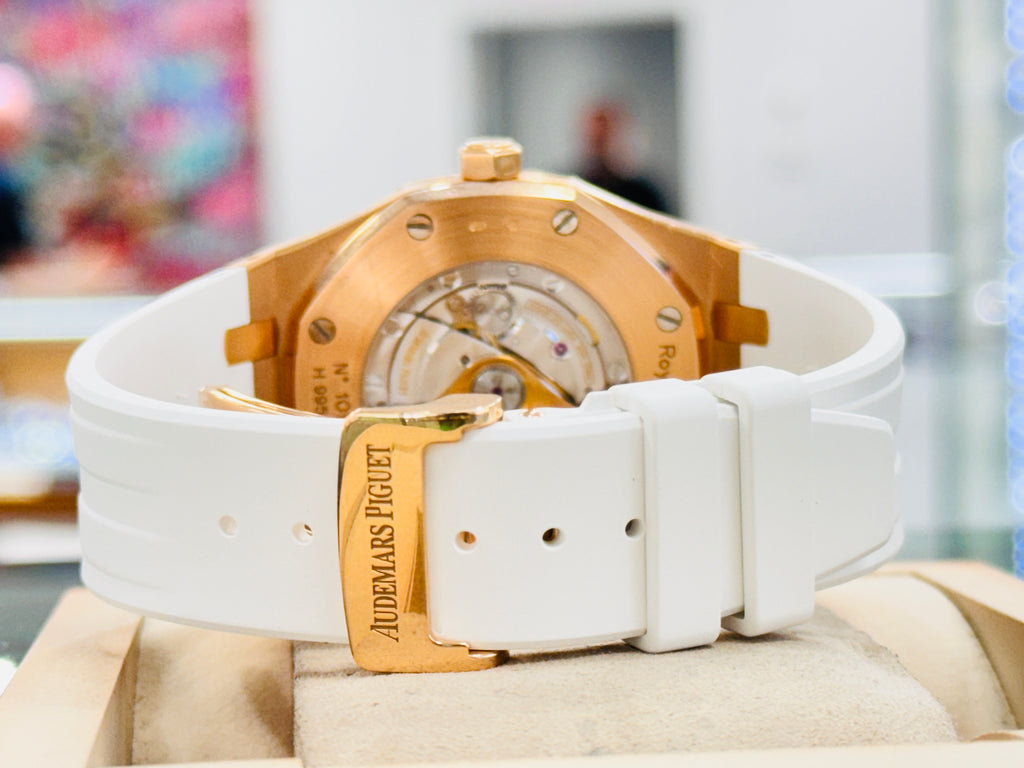 Audemars Piguet Royal Oak 15400OR 41mm Rose Gold WHITE  Dial Rubber B Strap  Box and Papers MINT