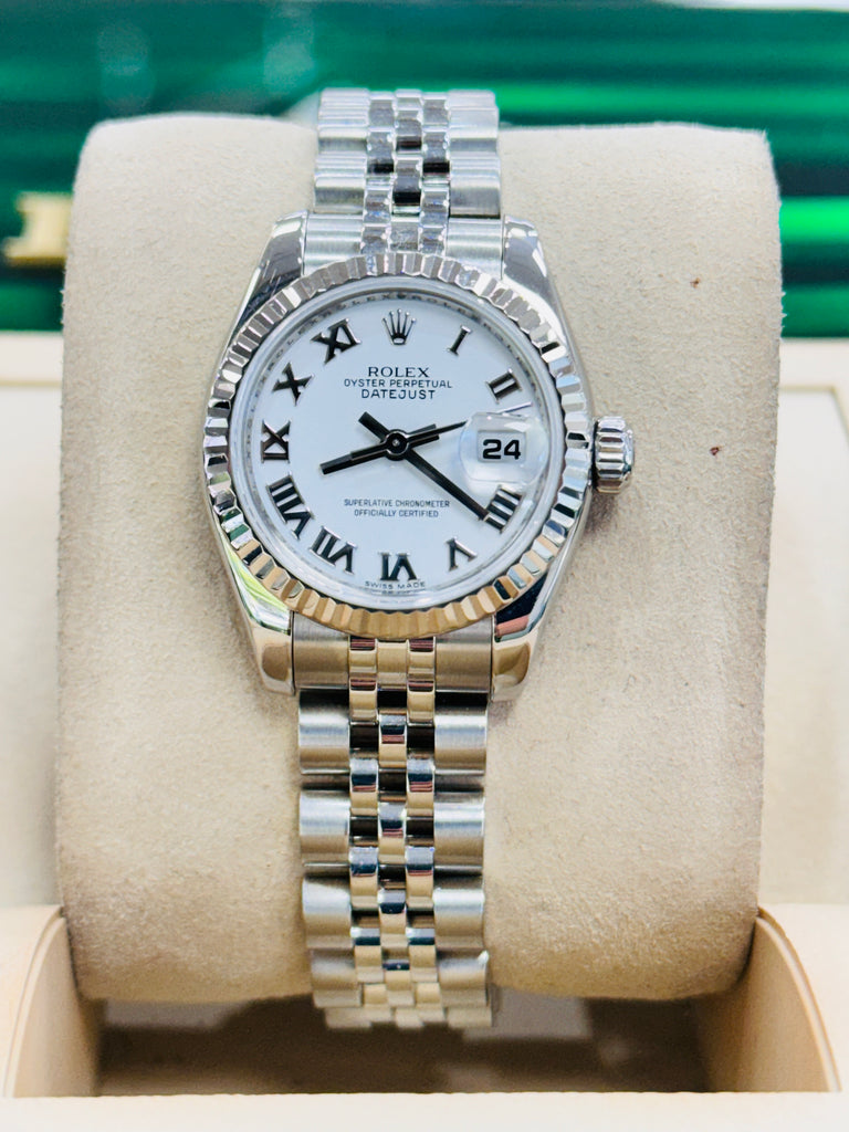 Rolex Lady-Datejust 179174 26 White Roman Dial 18K White Fluted Jubilee Watch MINT